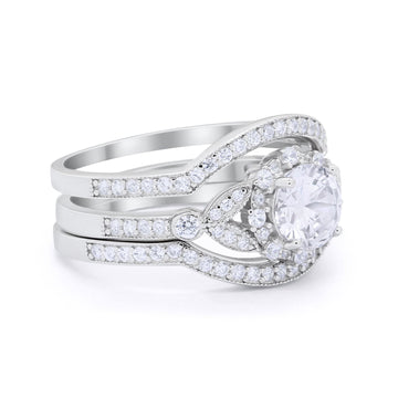 3 Piece Wedding Ring Band Bridal Set Round Simulated CZ 925 Sterling Silver